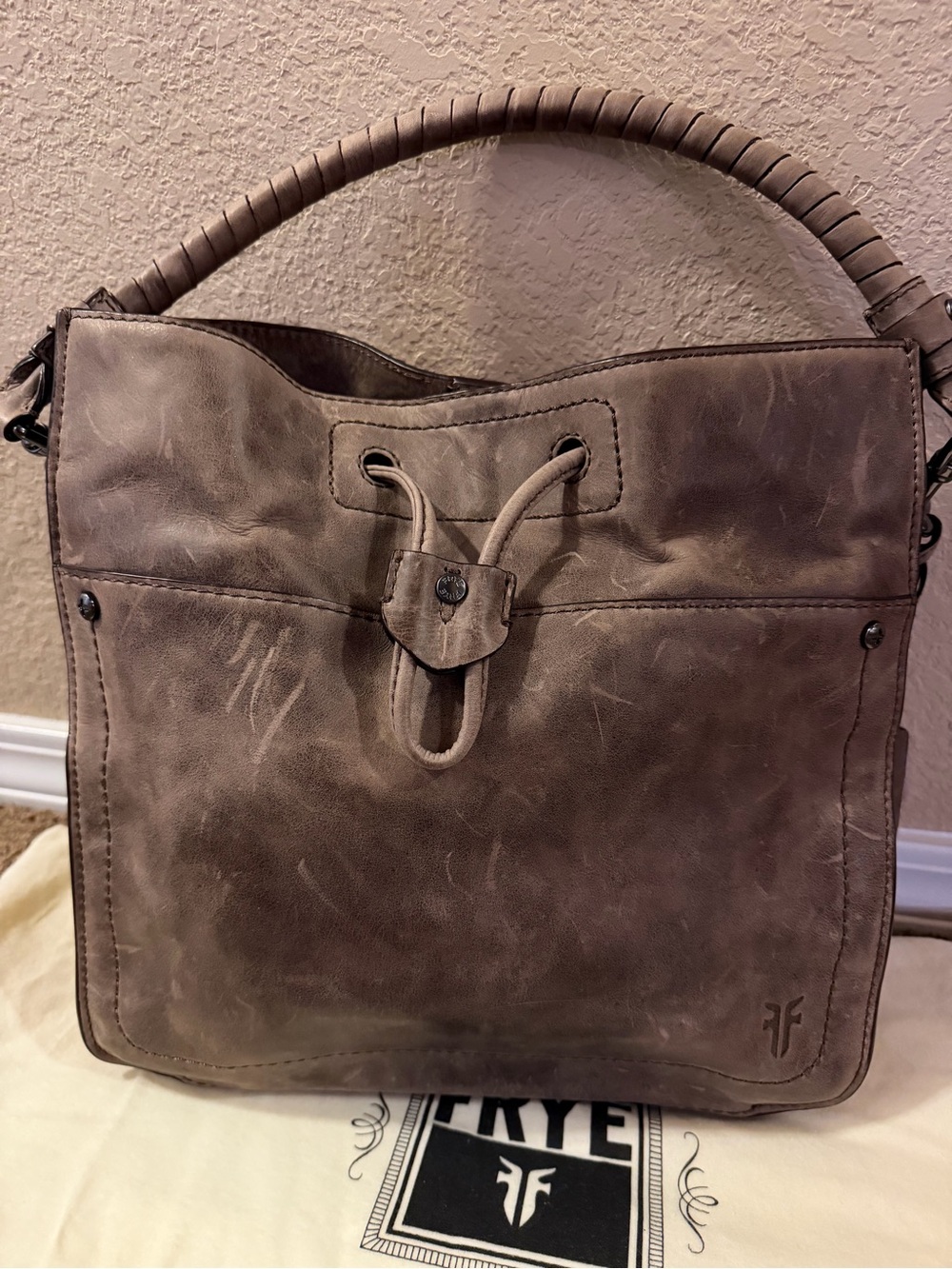 FRYE brown distressed leather  bag with wrapped handle
